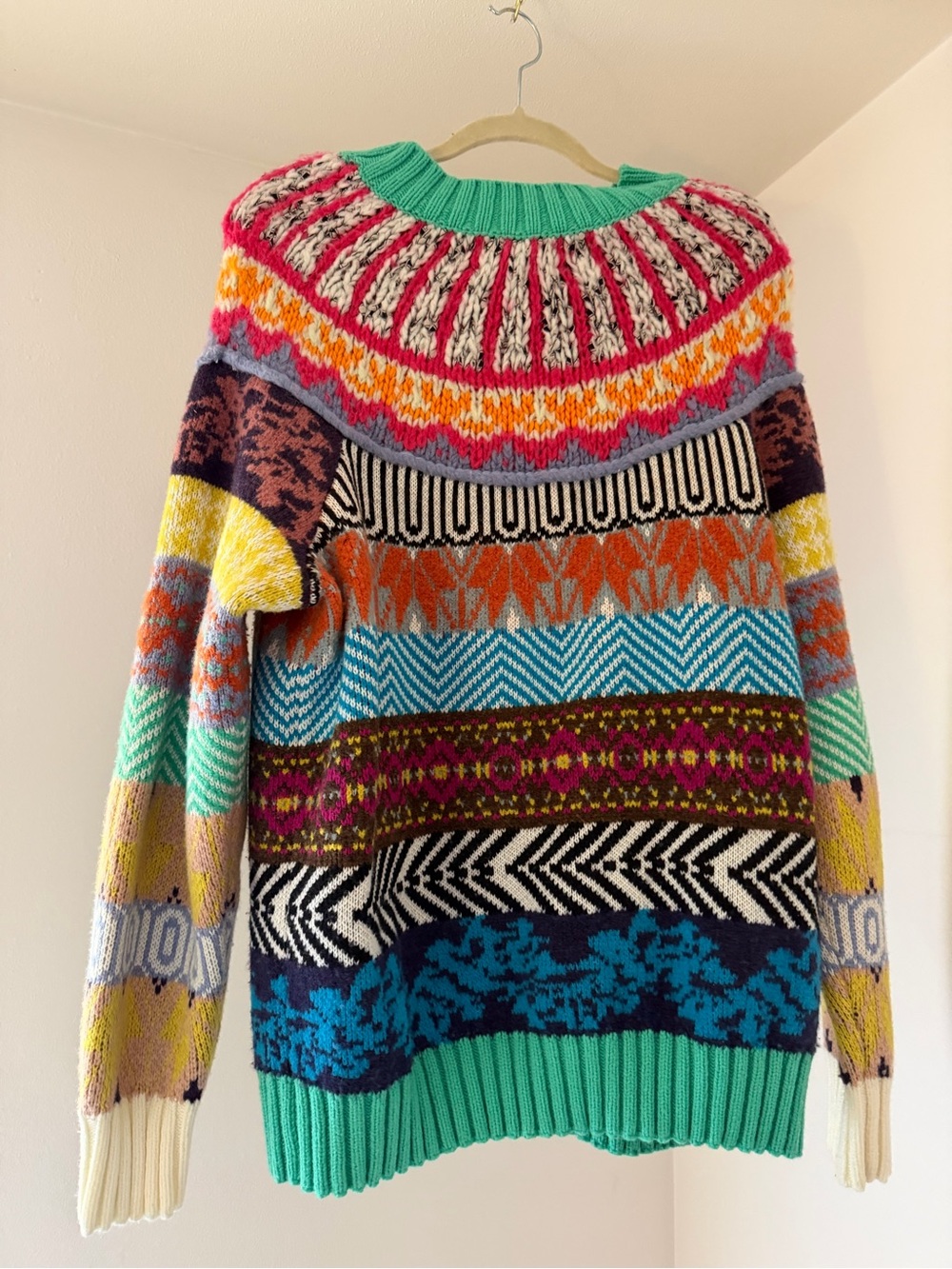 Anthropologie Multicolor Patterned Crewneck Sweater with Teal Trim - Picture 3 of 3